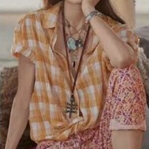 SUNDANCE Lorna Plaid Gauze Button-Up Shirt Women's Large Marigold Yellow Orange